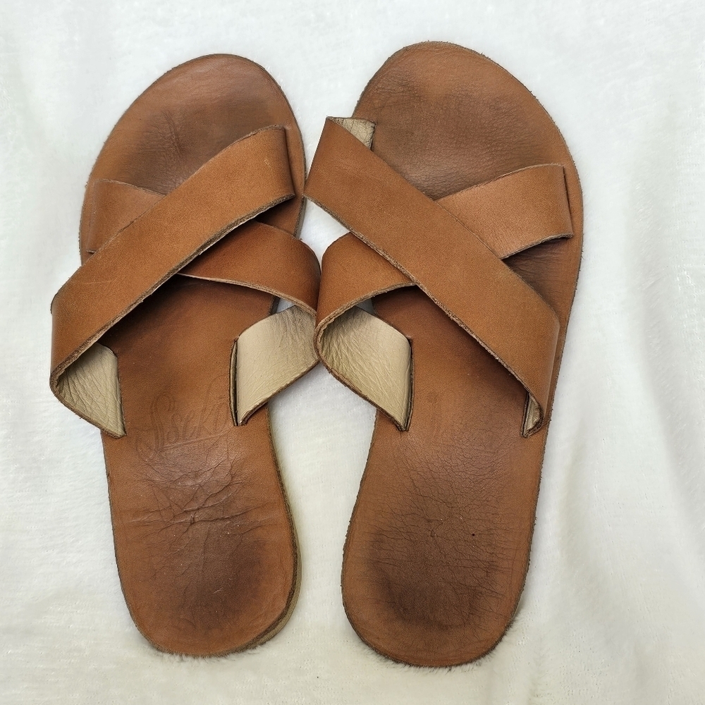 Sseko Slide Sandal Leather Caramel Brown Cross Strap Womens Size 7‎